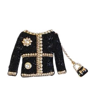 Black Tweed Jacket Brooch Pin Rhinestone Pearl Fashion Inspired